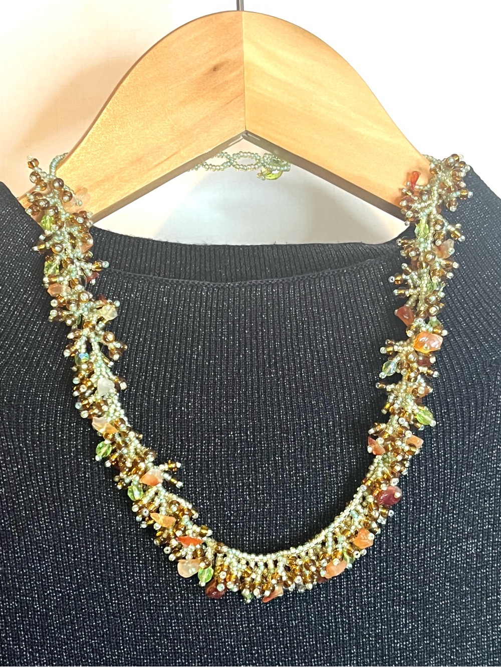 Handmade 18” Green Seed Bead Fringe Necklace w/ Carnelian Chips